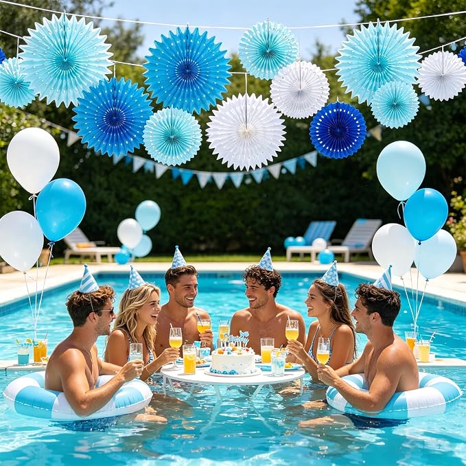 SUNBEAUTY Pack of 13 Blue White Hanging Honeycomb Paper Fans Party Decoration Kit for Baby Boy Shower 1st Birthday Navy Ocean Wedding Under The Sea Theme Photo Booth Backdrops Paper Party Supplies