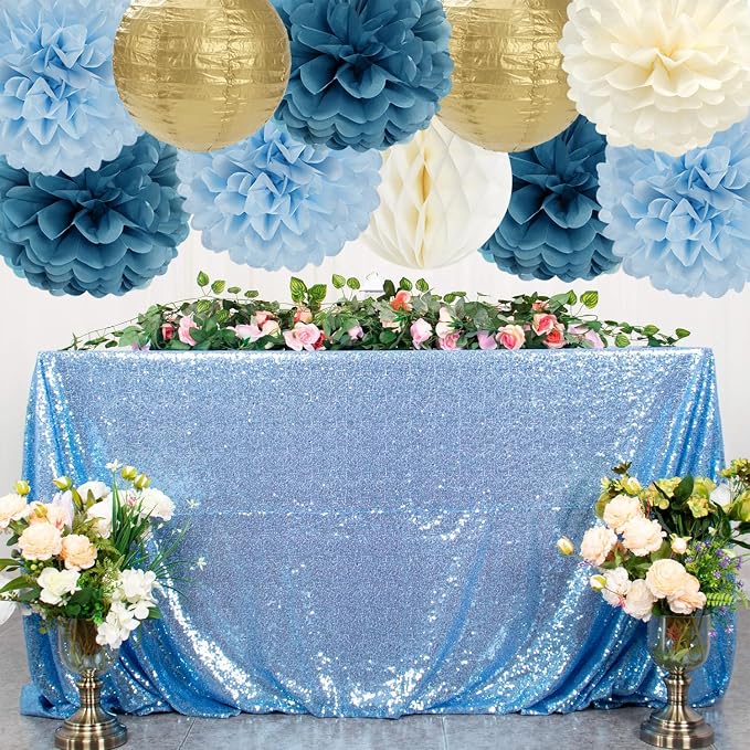 Dusty Blue Champagne Gold Beige Paper Flowers Tissue Pom Poms Honeycomb Lanterns 15pcs Party Decorations Boy Birthday Wedding Baby Bridal Shower Hanging Supplies Mprocherify