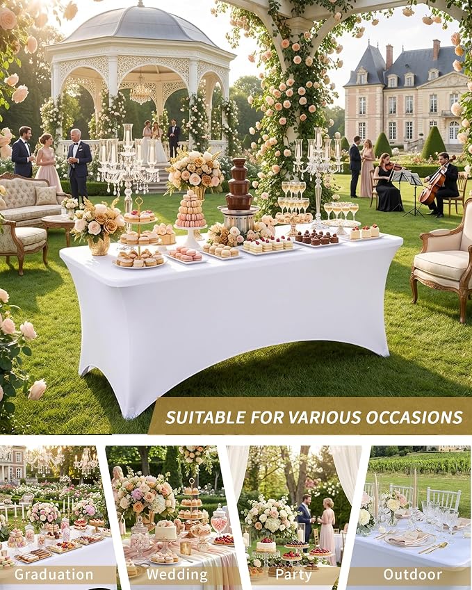 Fixwal White Tablecloths for 8 Foot Rectangle Tables, 8 Pack Spandex Stretch Fitted Table Covers for Party, Trade Show, Banquet, Wedding, Buffet