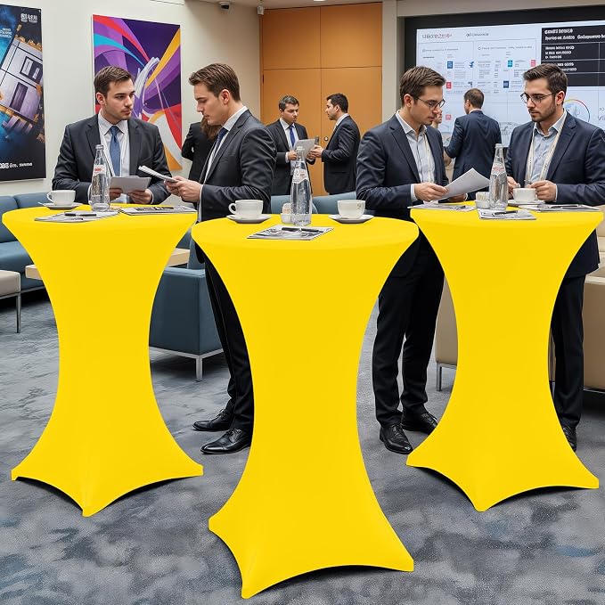 Moosfor Spandex Cocktail Table Covers 4 Pack, Elastic Fitted Stretch Table Cloth, Round High Top Tablecloths for Bar, Party, Pub, Wedding & Banquet (Yellow, 32x43 Inch)