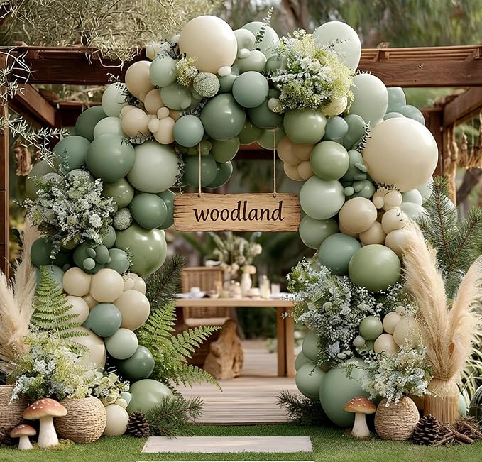 Dusty Green White Balloon Arch Double Stuffed Sage Light Green White Sand Beige Balloon Garland Eucalyptus Leaves for Baby Shower Neutral Birthday Woodland Bridal Wedding Gender Reveal Party Decor