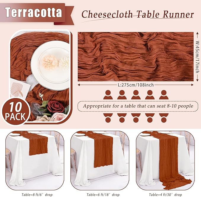 10 Pack Terracotta Cheesecloth Table Runner 17x108 Inch Semi Sheer Boho Rustic Gauze Cheese Cloth Table Runners for Wedding Party Birthday Baby Shower Home Décor