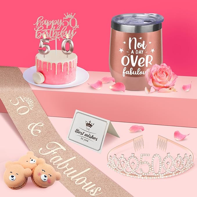 50th Birthday Decorations for Women with 12oz Tumbler/Mug Wine or Coffee, 50th Birthday Sash and Crown, Cake Topper and Candles, 50 Year Old Gifts Idea Rose Gold