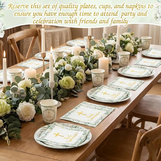 Pickmesh 250 Pcs Green First Holy Communion Disposable Tableware Set God Bless Baptism Disposable Paper Plates Napkins and Cups for Christening Celebration Baby Shower Religious Supplies Serve 50