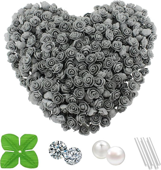 500 Pcs 1.4 Inch Mini Artificial Flowers Head Bulk 5 in 1 Set Faux Foam Fake Small Rose Tiny Baby Flores Bouquet Cake Gift Home Decoration DIY Craft (Gray)