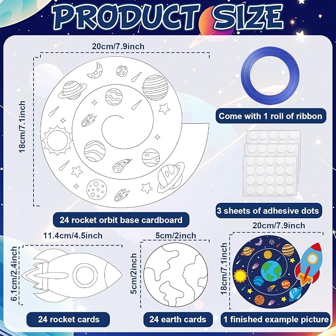 24 Sets DIY 3d Rocket Crafts Kits Color Your Own Outer Space Hanging Decor Coloring Rocket Orbit Paper Art Craft for Space Birthday Party Supplies School Classroom Home Activities Game Gift