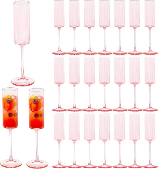 JLYLOL 24 Pcs Pink Plastic Champagne Flutes 6OZ Large Ribbed Champagne Glasses Toasting Glass Plastic Goblets for Parties Vintage Mimosa Bar Glasses Elegant Stemmed Drinking Cups for Wedding Bride