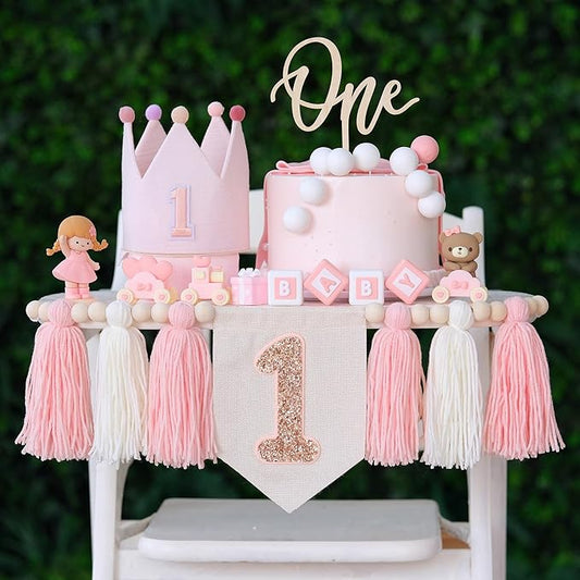 JUIIZAY Baby First Birthday Party Decorations Pink High Chair Banner Crown Cake Topper First Birthday Party Decorations