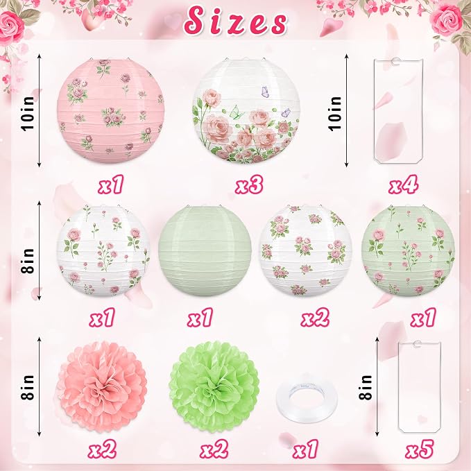 13PCS Spring Wildflower Bridal Shower Party Decorations Rose Paper Lanterns Pom Poms Valentines Day Garden Home Indoor Outdoor Decor