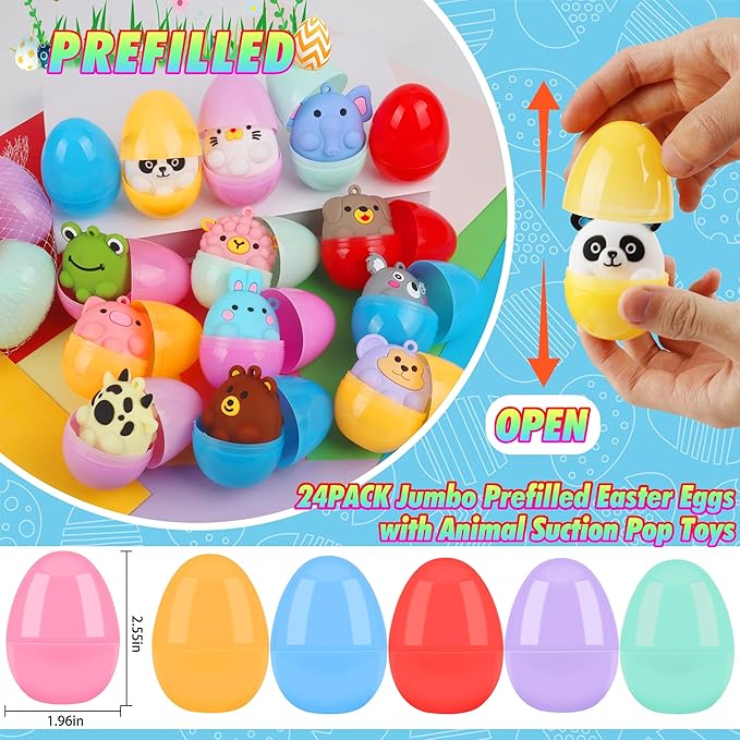 24 Pack Prefilled Easter Eggs with Animal Pop Toys, Filled Easter Eggs for Egg Hunt, Easter Basket Stuffers for Kids,Easter Party Favors Prizes, Prefilled Easter Egg with Toys