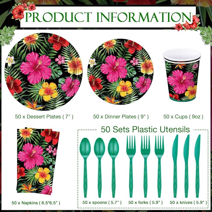 Ziliny 350 Pcs Tropical Hawaiian Party Disposable Tableware Set, Luau Hibiscus Palm Leaf Floral Paper Plates Cups Napkins Dinnerware for Summer Beach Aloha Pool Tiki Birthday Party Supplies Serves 50