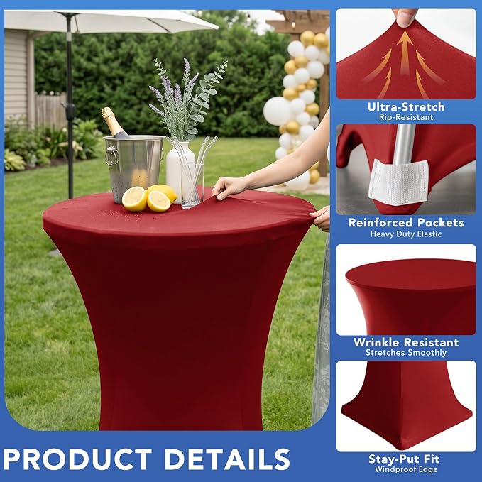 Cocktail Table Covers-Spandex Round High Top Table Cloths 6 Pack 32x43 Inch-Red Stretch Fitted Christmas Tablecloth for Pub Bistro Highboy Party Event Banquet Height Folding Satnding Tables