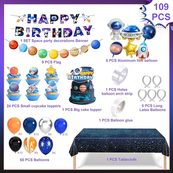 Outer Space Party Decorations, 109pcs Space Birthday Decorations Set Includes Galaxy Birthday Banner Balloons Tablecloth Cake Decorations etc