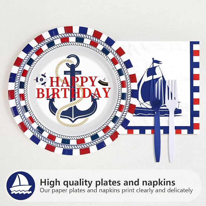 96 Pcs Nautical Birthday Party Decorations Sailing Party Decoration Plates and Napkins Red White and Blue Tableware Set for Boy Happy Birthday Baby Shower Nautical Theme Celebrations Serves 24