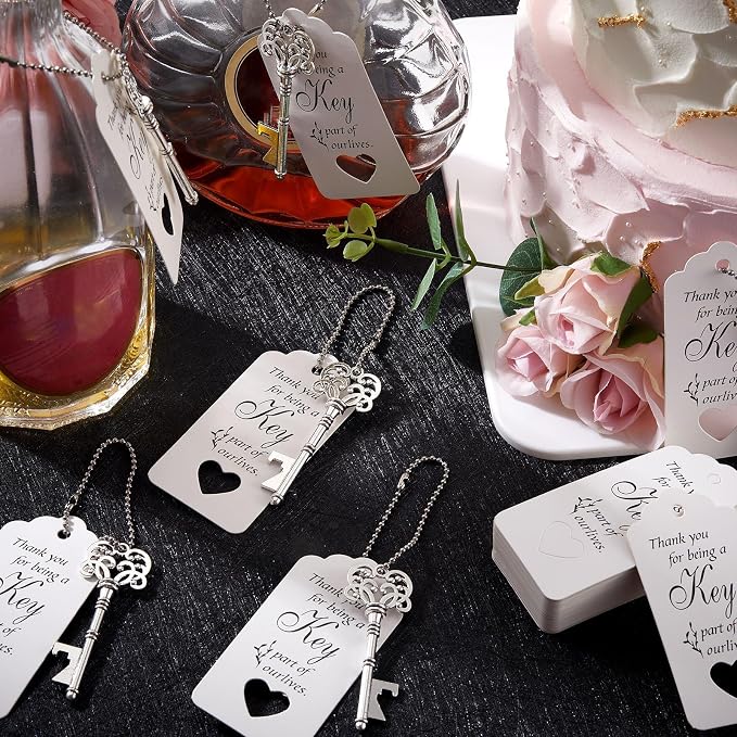 150 Pcs Wedding Favors Bottle Opener Wedding Gifts Vintage Skeleton Key Bottle Opener Souvenir Gift Party Favors with Escort Tag Cards and Key Chains for Party Bridal Shower (Silver)