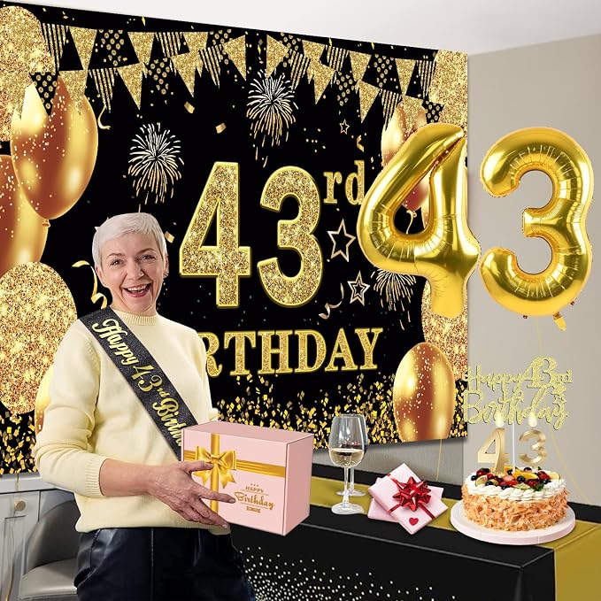 43rd Birthday Decorations Men Women with 43rd Birthday Banner, Black and Gold Table Cloth, Number Balloons, Large Sash, Cake Topper and Candles