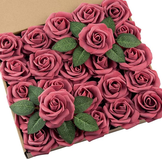 DuHouse 25Pcs Artificial Roses Flowers Fake Roses with Stems Real Touch Foam Flowers for DIY Wedding Bouquet Centerpiece Floral Arrangement Party Home Decor (Burgundy)