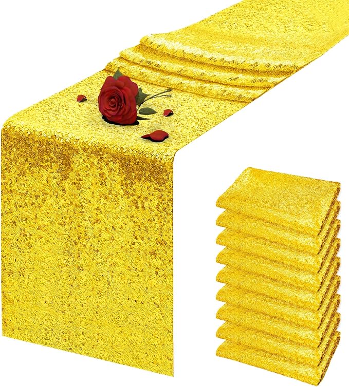 10 Packs 12 x 72 inches Yellow Sequin Table Runner, Glitter Runner for Birthday Party Supplies Wedding Holiday Celebration Baby Shower Engagement Anniversary Decor