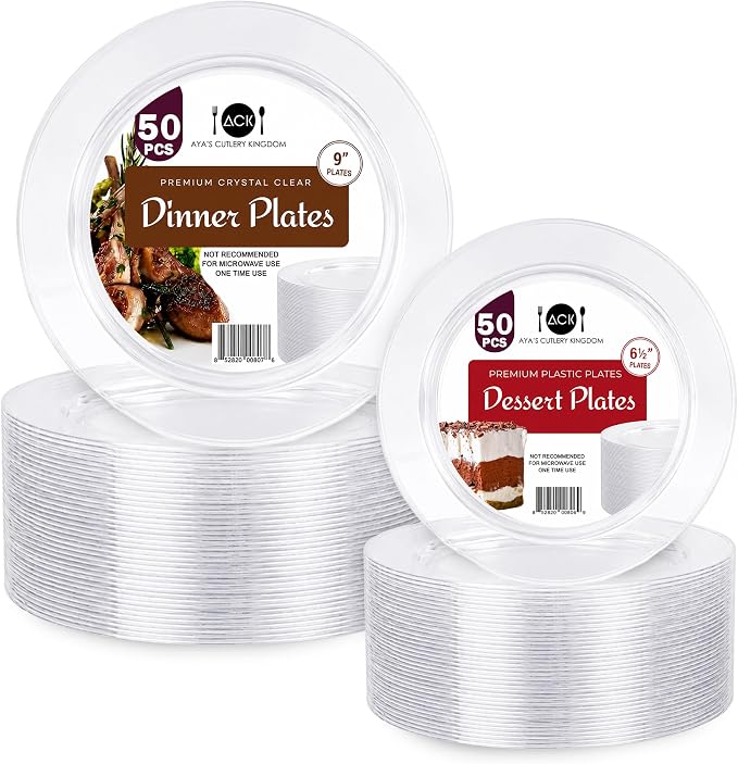 Aya's Cutlery Kingdom 100 Clear Plastic Plates for Party - Heavy Duty Disposable Set of 50 Dinner and 50 Dessert Plates - Elegant Plastic Disposable Plate for Weddings, Parties, and Special Events