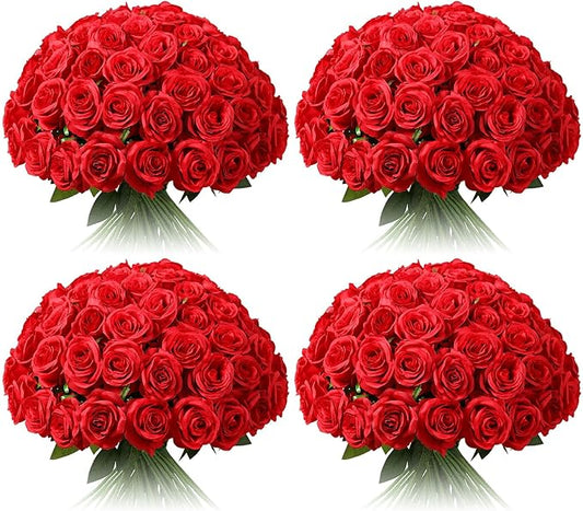 Tifuly 100 Pcs Red Roses Artificial Flowers Bulk, Realistic Long Stem Fake Silk Roses Bouquet for Wedding Centerpiece Table Vases Party Home Kitchen Decor