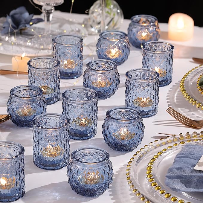 NITIME 12Pcs Assorted Blue Votive Candle Holders, Tea Lights Candle Holder for Wedding Decor, Blue Candle Holders for Table Centerpiece, Bridal Shower, Baby Shower Decorations