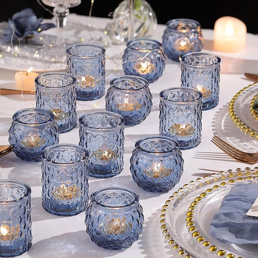 NITIME 12Pcs Assorted Blue Votive Candle Holders, Tea Lights Candle Holder for Wedding Decor, Blue Candle Holders for Table Centerpiece, Bridal Shower, Baby Shower Decorations
