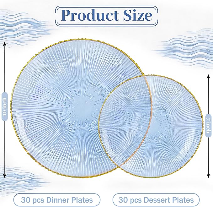 DaYammi 60Pcs Blue Plastic Plates with Gold Rimmed - Disposable Blue Plates Set Includes 30 Dinner Plate & 30 Salad Plates, Radial Texture plates Perfect for Party Wedding Dinner & Catering Events
