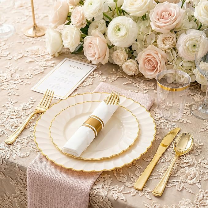 YOUBET 350PCS Ivory Scalloped Plastic Plates - Ivory and Gold Disposable Dinnerware Set Include 100 Plates, 150 Gold Silverware, 50 Cups, 50 Napkins for Wedding & Party
