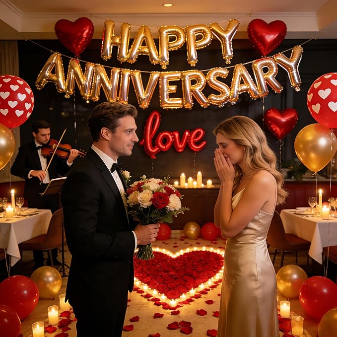 Happy Anniversary Balloons Kit Red Gold Balloon with Heart Shaped, Love Foil Balloons and 1000 Pieces Rose Petals for Anniversary Valentine's Day Proposals Decorations