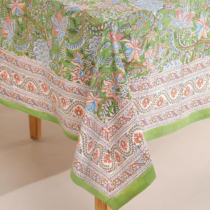 Hand Block Printed Tablecloth, Colorful Floral Print, Indian Artisan Handmade Art, Dining Room, Kitchen, Outdoor Décor, (Forest Ash Elegance, 6 Seater 60 x 90 Inches Rectangle)