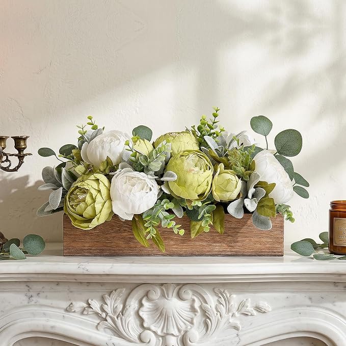 Summer Flower Centerpieces for Table Dining Room Pre-Made Artificial Peony Table Decorations Wood Tray with Fake Flowers for Wedding Living Room Party Bar Kitchen Table(Green White)