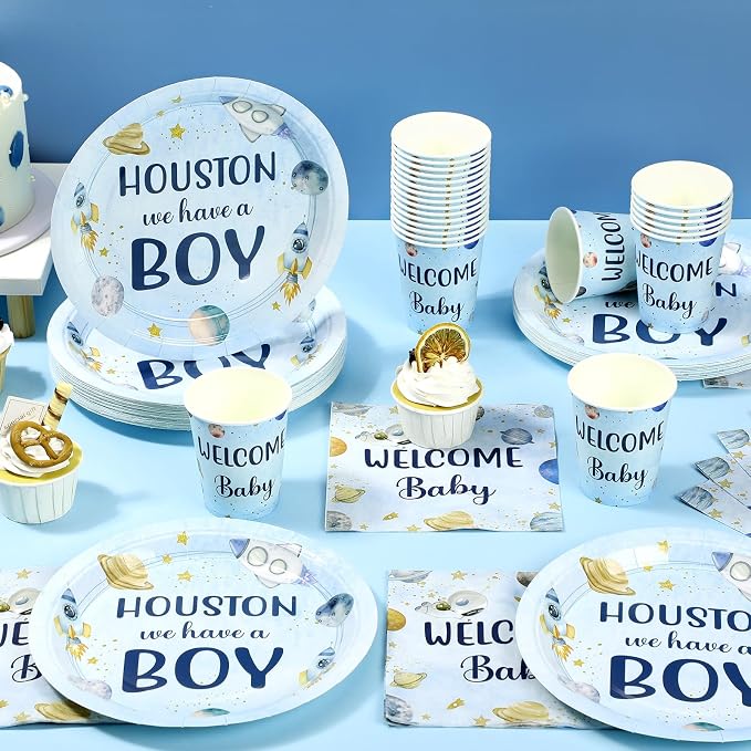 Hushee 200 Pcs Outer Space Baby Shower Paper Plates Napkins Cups Baby Shower Party Supplies Tableware Set Disposable Cup Napkin for 50 Guest Party Decoration