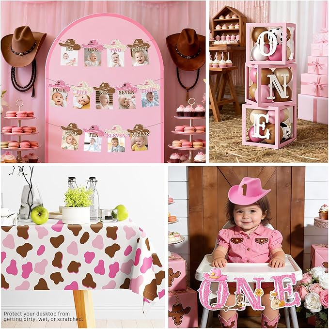 Cocomigo 272 PCS My First Rodeo Decorations Girl, First Rodeo Birthday Decorations Girl Party Supplies with Balloon Garland, Backdrop, Tableware for 25 Guests, High Chair Banner, Balloon Boxes
