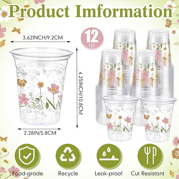 Hushee Boho Wildflower 60 Pcs Party Cups 16 oz Plastic Disposable Drinking Cups for Birthday Love Baby in Bloom Baby Shower Summer Fresh off The Market Bridal Shower Decorations Supplies