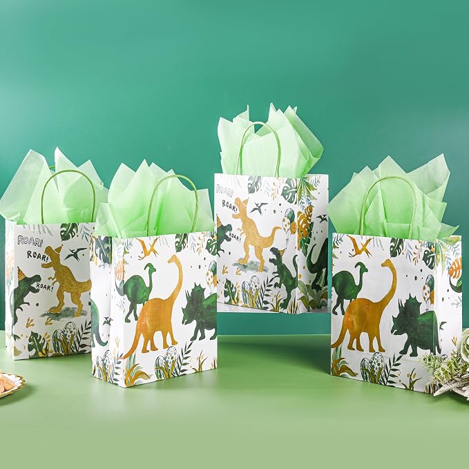 DjinnGlory 36 Pack Medium T-Rex Dinosaur Dino Themed Gift Bags with Handles and Green Tissue Paper for Boys Girls Kids Birthday Party Favors Goodies Treats,10x8x4 Inch (2 Assorted Designs)