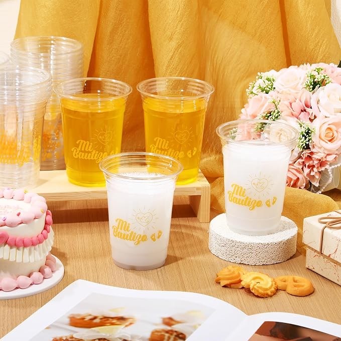 100 Pcs Spanish Baptism Plastic Cups 16 oz Gold Dove Mi Bautizo Cups for Spanish Baptism Decorations, Easter First Communion & Hispanic Baby Shower Party Supplies