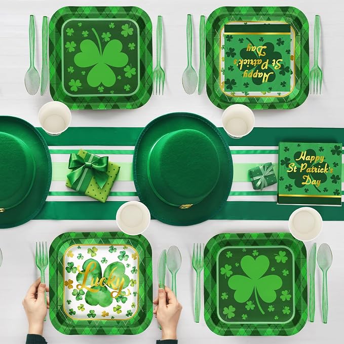 400 Pcs St Patrick Day Shamrock Lucky Clover Plaid Green Tableware Set Paper Plate Napkin Cup Plastic Knife Fork Spoon Waterproof Disposable for 50 Guest Irish Holiday Party Family Decoration
