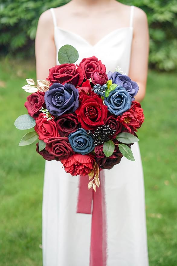 ponatia Artificial Flowers Wedding Flowers Combo for Silk Fake Flowers Roses for DIY Wedding Bouquets Burgundy Centerpieces Arrangements Party Bridal Baby Shower Home Decorations (Burgundy & Navy)