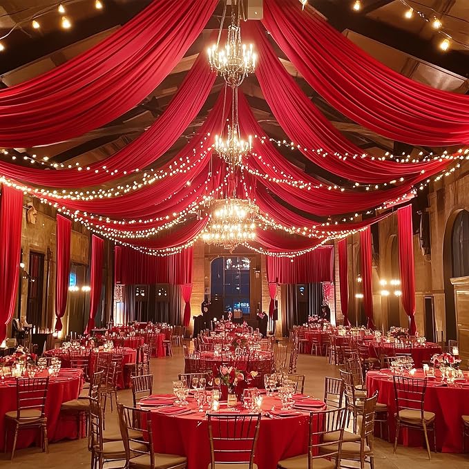 4 Panels 5x20ft Red Ceiling Drapes for Wedding Parties, Wrinkle Free Thick Polyester 20ft Extra Long Wedding Draping Red Ceiling Curtains Arch Drapery