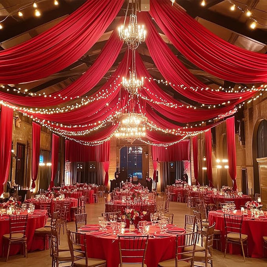 4 Panels 5x20ft Red Ceiling Drapes for Wedding Parties, Wrinkle Free Thick Polyester 20ft Extra Long Wedding Draping Red Ceiling Curtains Arch Drapery