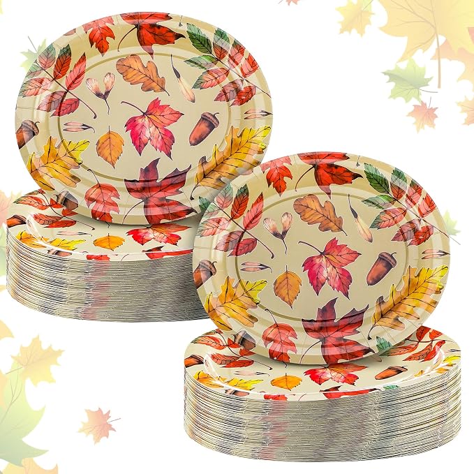 100 Pcs Fall Oval Leaves Plates 10" x 12" Disposable Thanksgiving Paper Plates Dinner Dinnerware Tray Party Supplies Autumn Tableware Set for Family Gathering Parties (Maple Leaf)