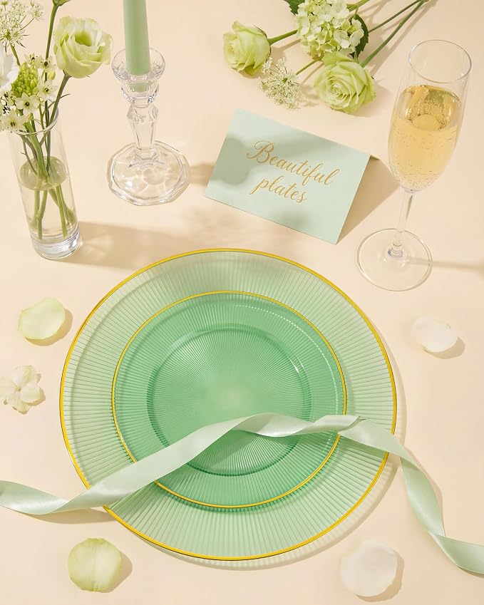 Hioasis 60pcs Green and Gold Plastic Plates - Green Disposable Dinnerware Set, 30pcs Dinner 10in & 30pcs Dessert 7in Plates with Striped Designs for Party & Wedding
