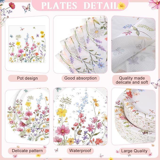 Funnymoom 452 Pcs Wildflower Party Decorations for 50 Guests, Spring Floral Paper Plates Napkins Cups Tablecloth Cutlery Straws for Wildflower Baby Shower Birthday Wedding Party Supplies