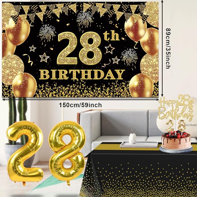 28th Birthday Decorations Men Women with 28th Birthday Banner, Black and Gold Table Cloth, Number Balloons, Large Sash, Cake Topper and Candles