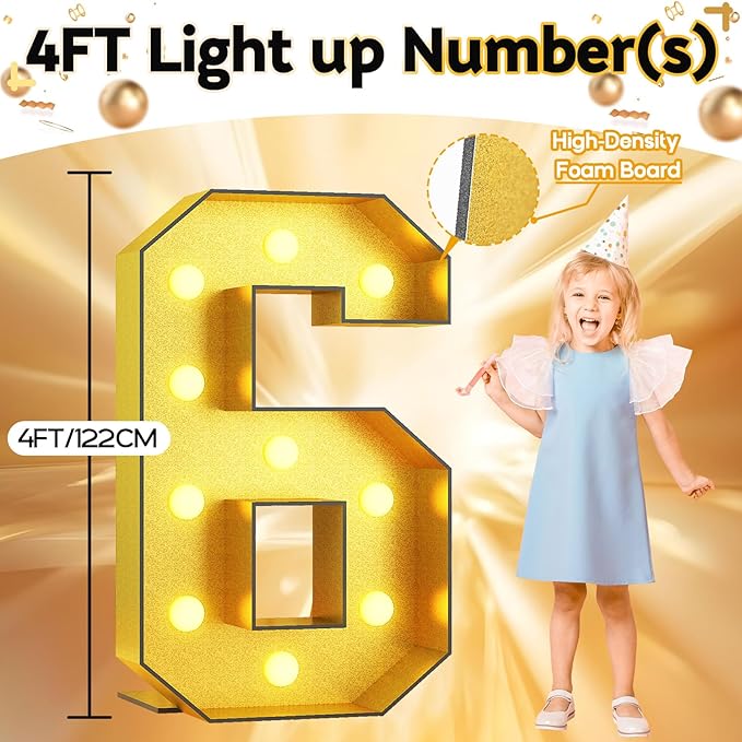 Number 6 Marquee, 4FT Light Up Numbers Gold Large Light Up Numbers Mosaic Number for 6th Birthday, Giant 4 Feet Tall DIY Frame Pre-Cut Foam Board Kit for Graduation Anniversary Party