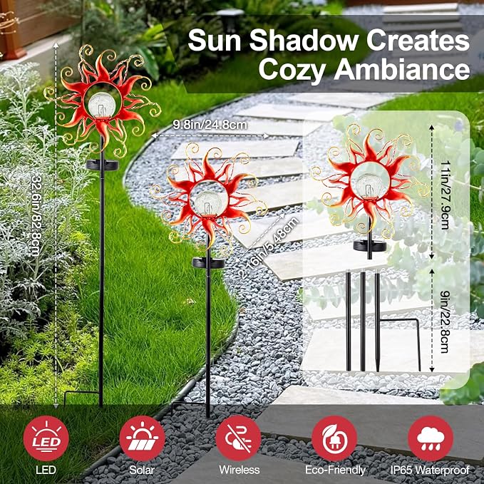 Solar Lights Outdoor Waterproof Red Sun Metal Crackle Glass Stake Decorative for Outside,Yard,Lawn,Patio,Walkway Mothers'Day Gifts Mom Grandma Garden Lover