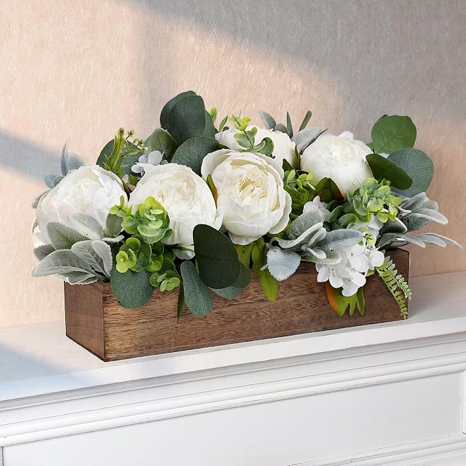 Pre-Made Flower Centerpieces for Table, Artificial Floral Centerpieces for Dining Table Wood Fake Peony Hydrangea Centerpiece for Wedding Living Room Party Bar Kitchen Table(White)