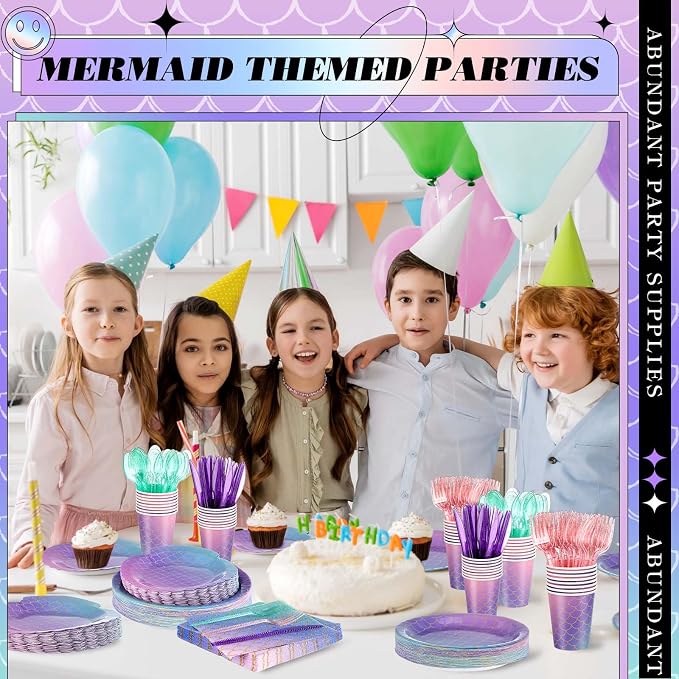 Blushtier 350 Pcs Mermaid Party Supplies Mermaids Themed Decorations Under the Sea Disposable Dinnerware Set Includes Plates Napkins Cups Spoons Fork Knives for Birthday Party (Multicolor)