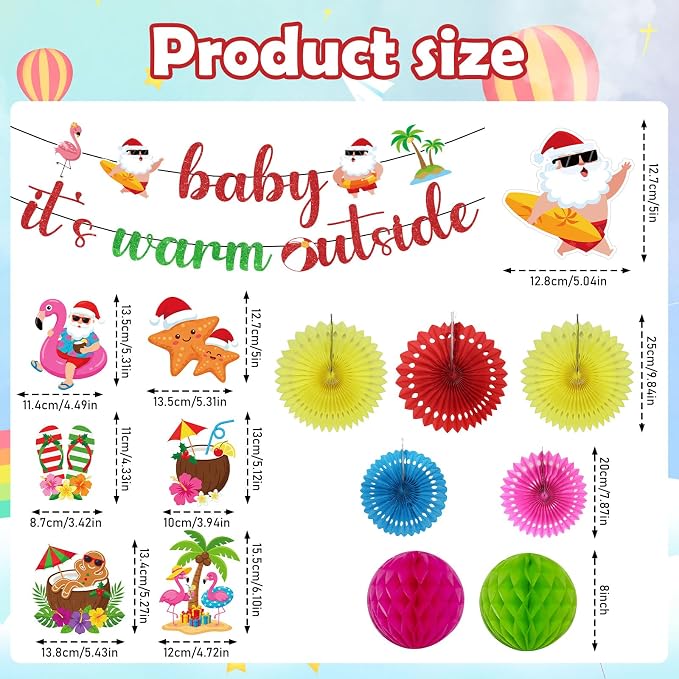 Rakuto July in Christmas Party Decorations, 18PCS Summer Santa in July Beach Banners Hanging with Swirls Decoration, Mele Kalikimak Paper Fans Poms and Honeycomb Centerpieces Decor Supplies
