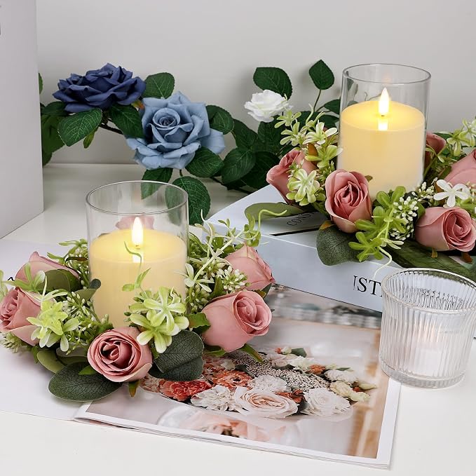 4 PCS Candle Rings - Pink Artificial Roses Rings with LED Flameless Candles Eucalyptus Leaves Wreaths for Wedding Home Centerpieces Banquet Tables Doors Decor, Dusty Pink, 2 Sets